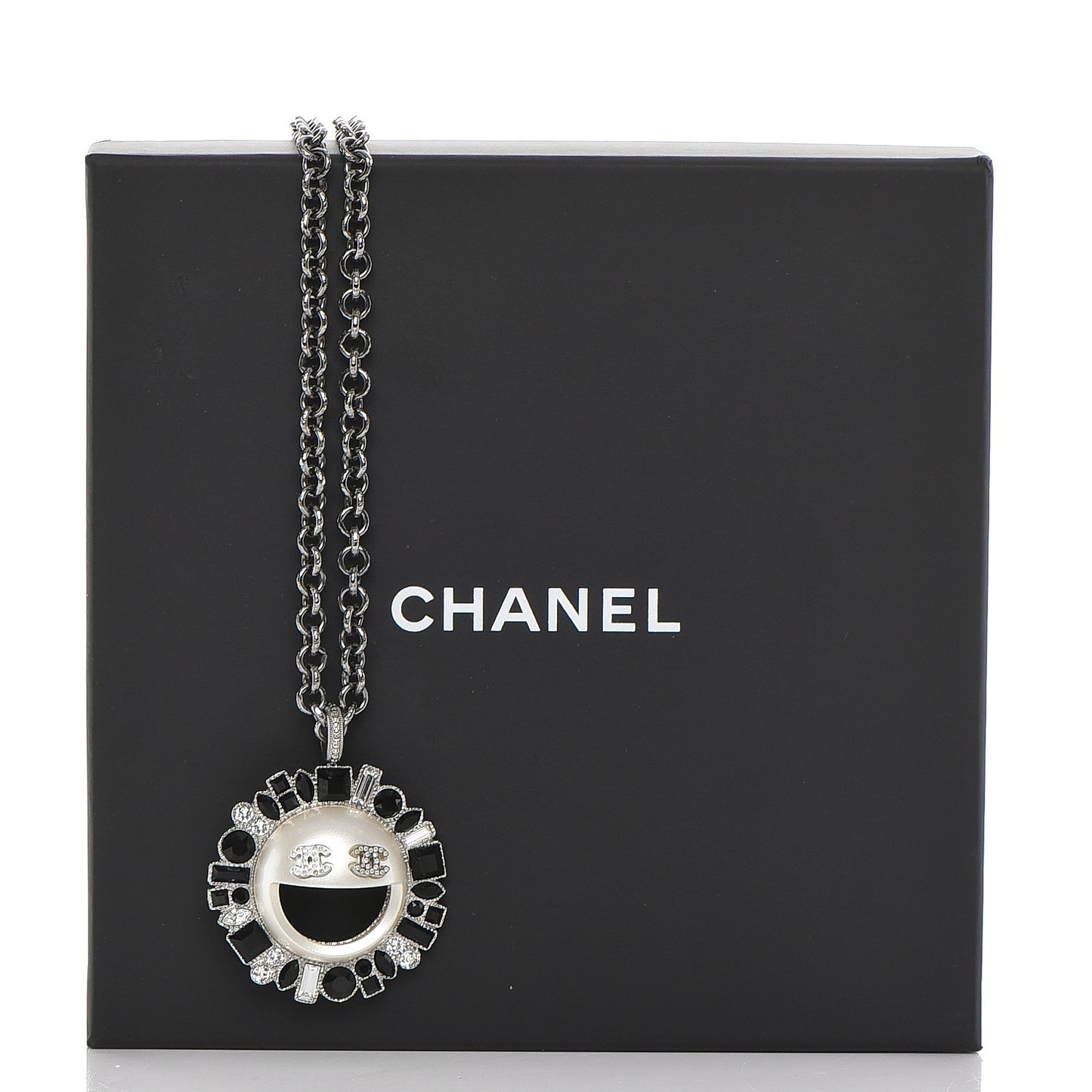 Crystal CC Smiley Emoji Pendant Necklace Silver Black