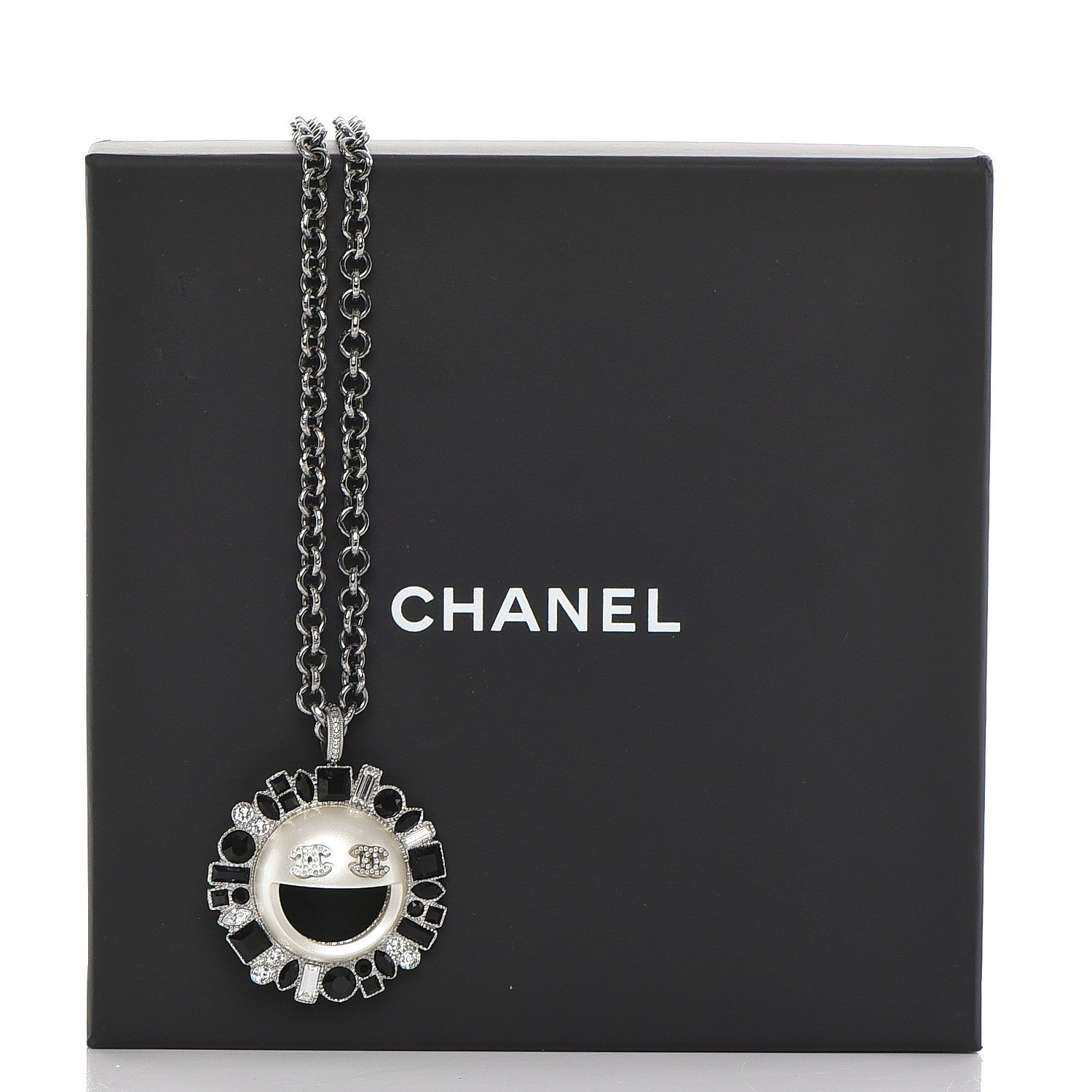 Chanel Crystal CC Smiley Emoji Pendant Necklace Silver Black 6 of 6