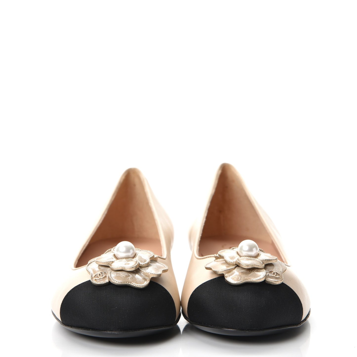 Lambskin Grosgrain Pearl Camellia Ballerina Flats 37.5 Beige Black