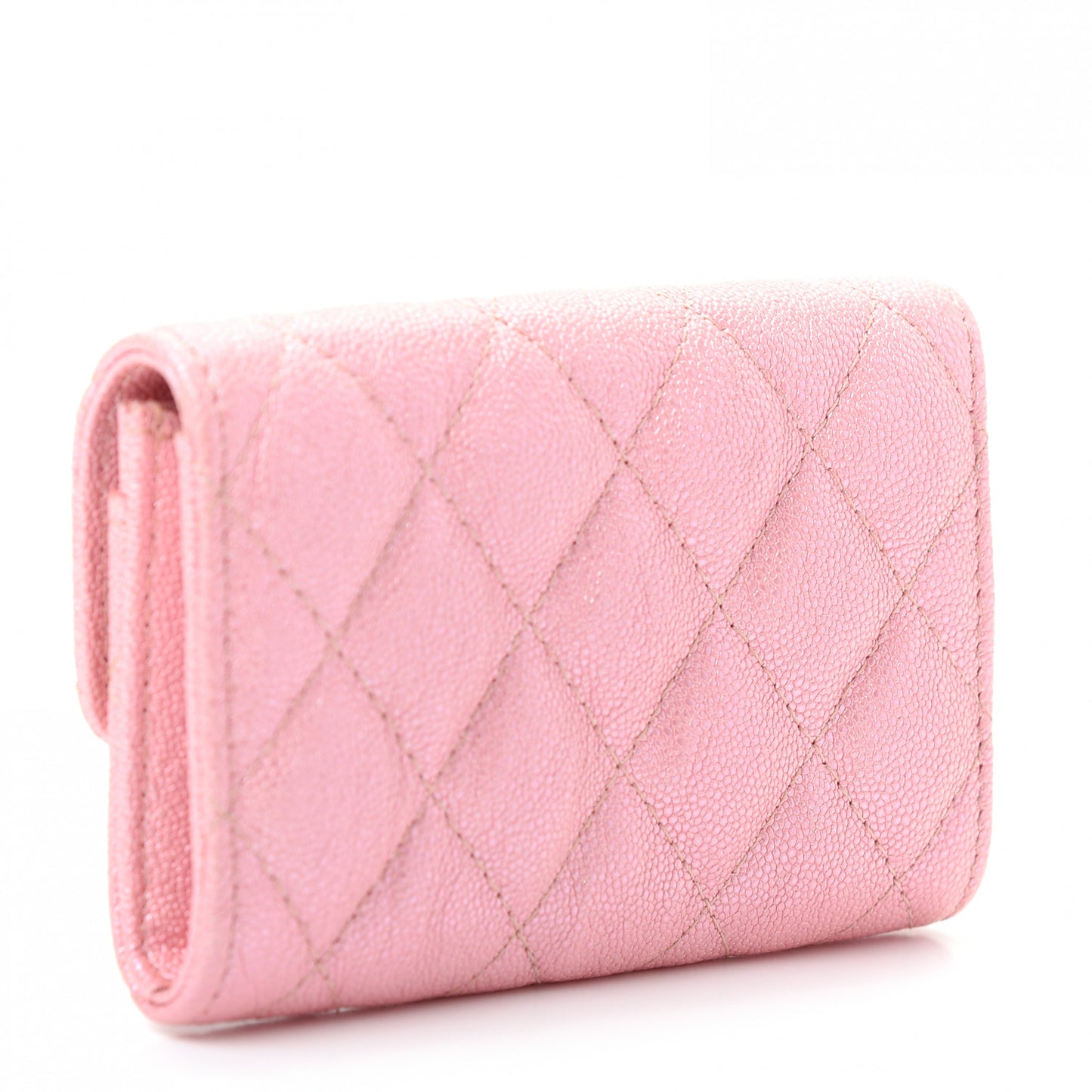 Iridescent Caviar Quilted Flap Card Holder Rose Pink