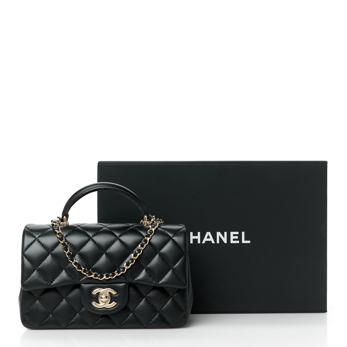 Lambskin Quilted Mini Top Handle Rectangular Flap Black