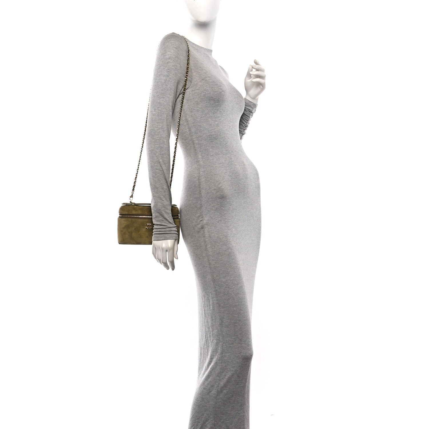 Chanel Suede Calfskin Top Handle Slim Vanity Case With Chain Dark Khaki 2 of 11