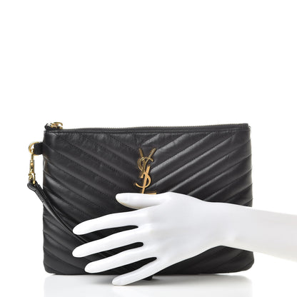 Saint Laurent Calfskin Matelasse Chevron Monogram A5 Wristlet Black 2 of 8