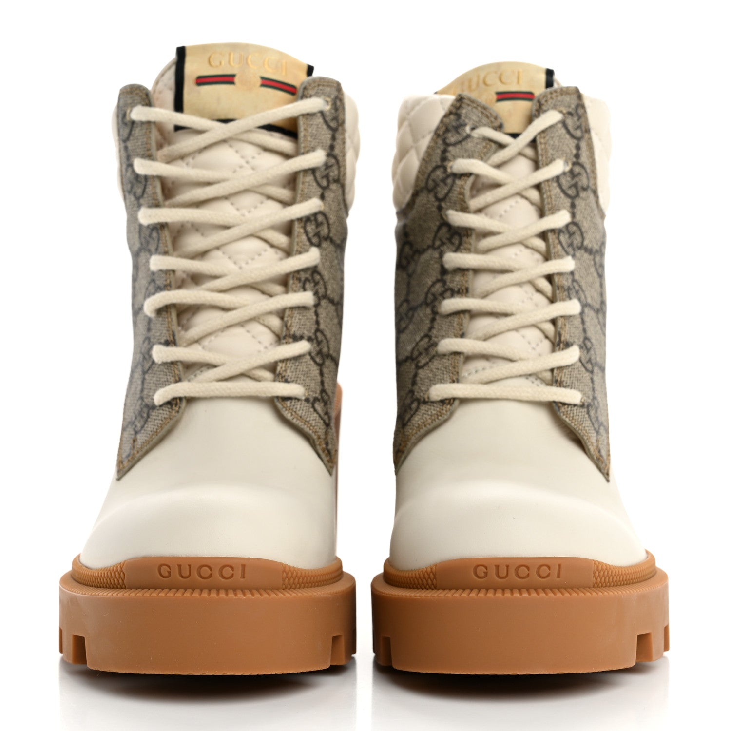 Gucci Calfskin GG Supreme Monogram Nappa Quilted Lace Up Ankle Boots 35 Mystic White Beige 3 of 10
