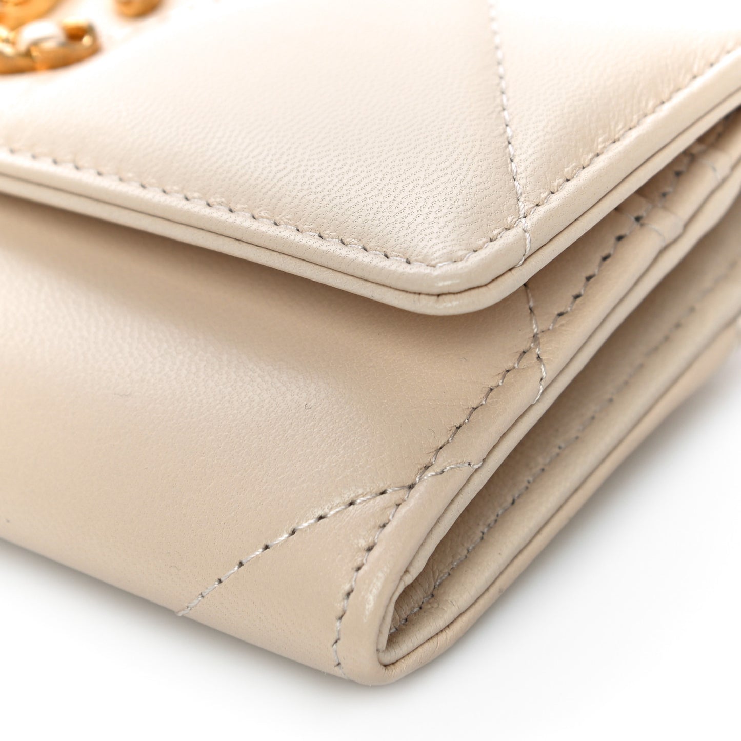 Shiny Goatskin Quilted Chanel 19 Flap Wallet Beige