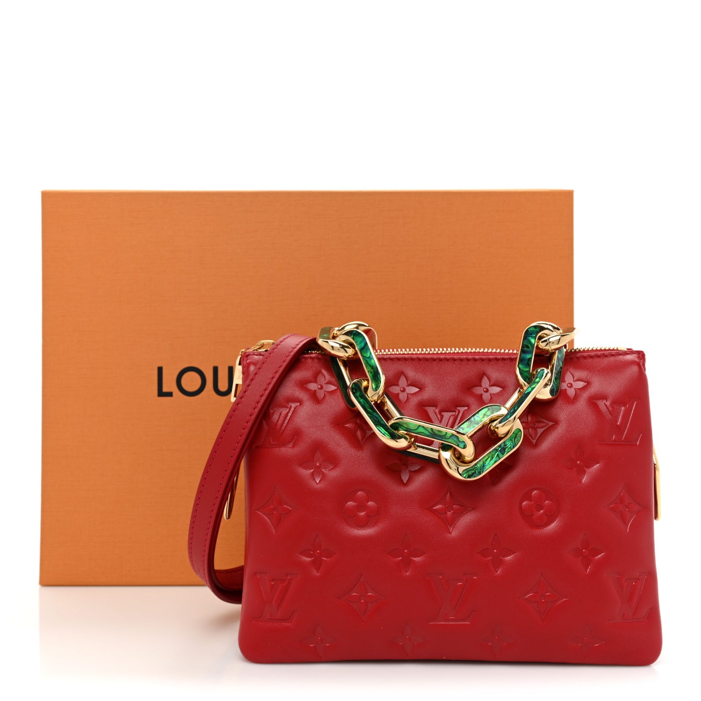Mother of Pearl Lambskin Embossed Monogram Coussin BB Red Green
