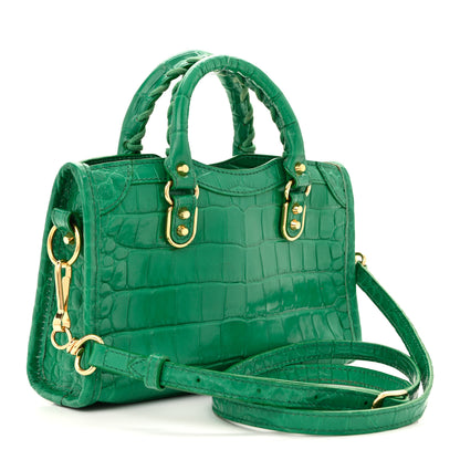 Balenciaga Shiny Supple Calfskin Crocodile Embossed Gold Metallic Edge Hardware Nano City Leaf Green 4 of 16