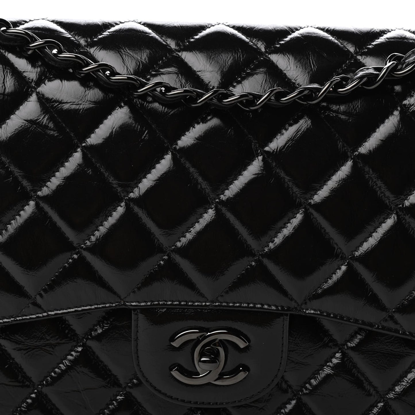 Shiny Distressed Calfskin Quilted Jumbo Double Flap So Black