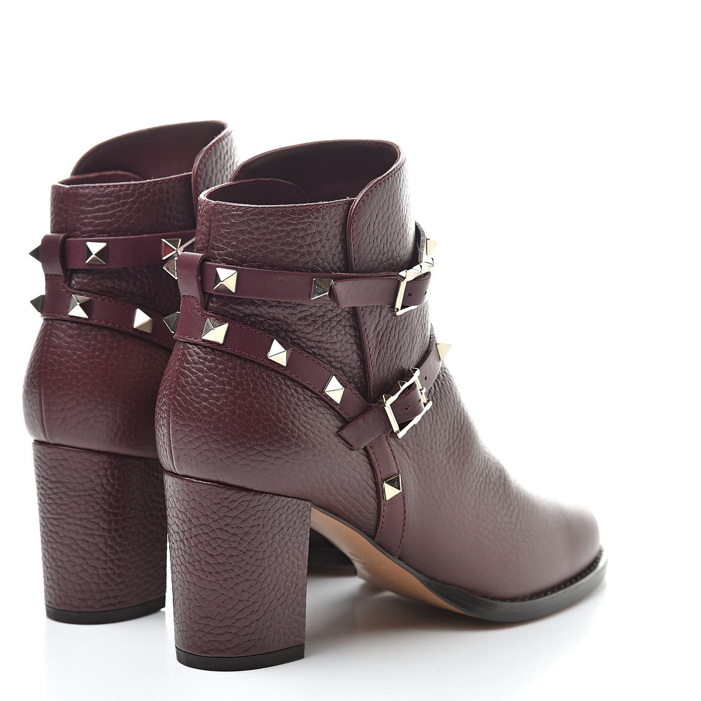 Pebbled Calfskin Rockstud Double Buckle 70mm Block Heel Ankle Boots 37 Rubin