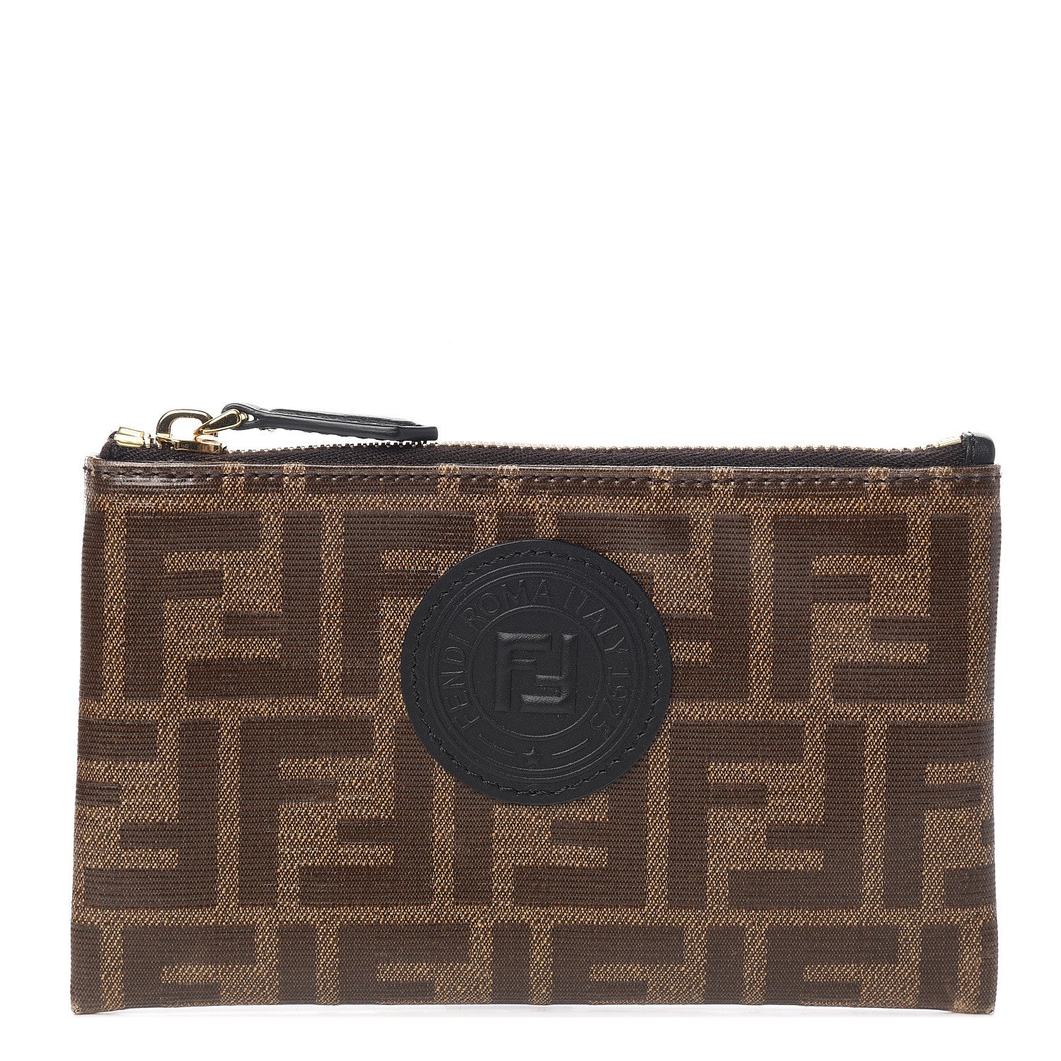 Fendi Glazed Fabric Vitello Century FF 1974 Stamp Patch XS FFreedom Flat Pouch Mogano Panna Black 1 of 6
