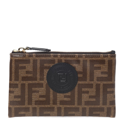 Fendi Glazed Fabric Vitello Century FF 1974 Stamp Patch XS FFreedom Flat Pouch Mogano Panna Black 1 of 6
