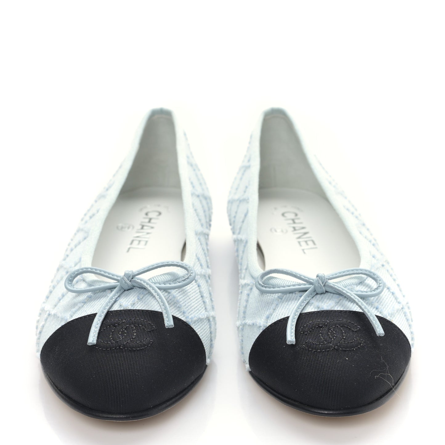 Denim Embroidered Grosgrain CC Cap Toe Ballerina Flats 38.5 Light Blue Black