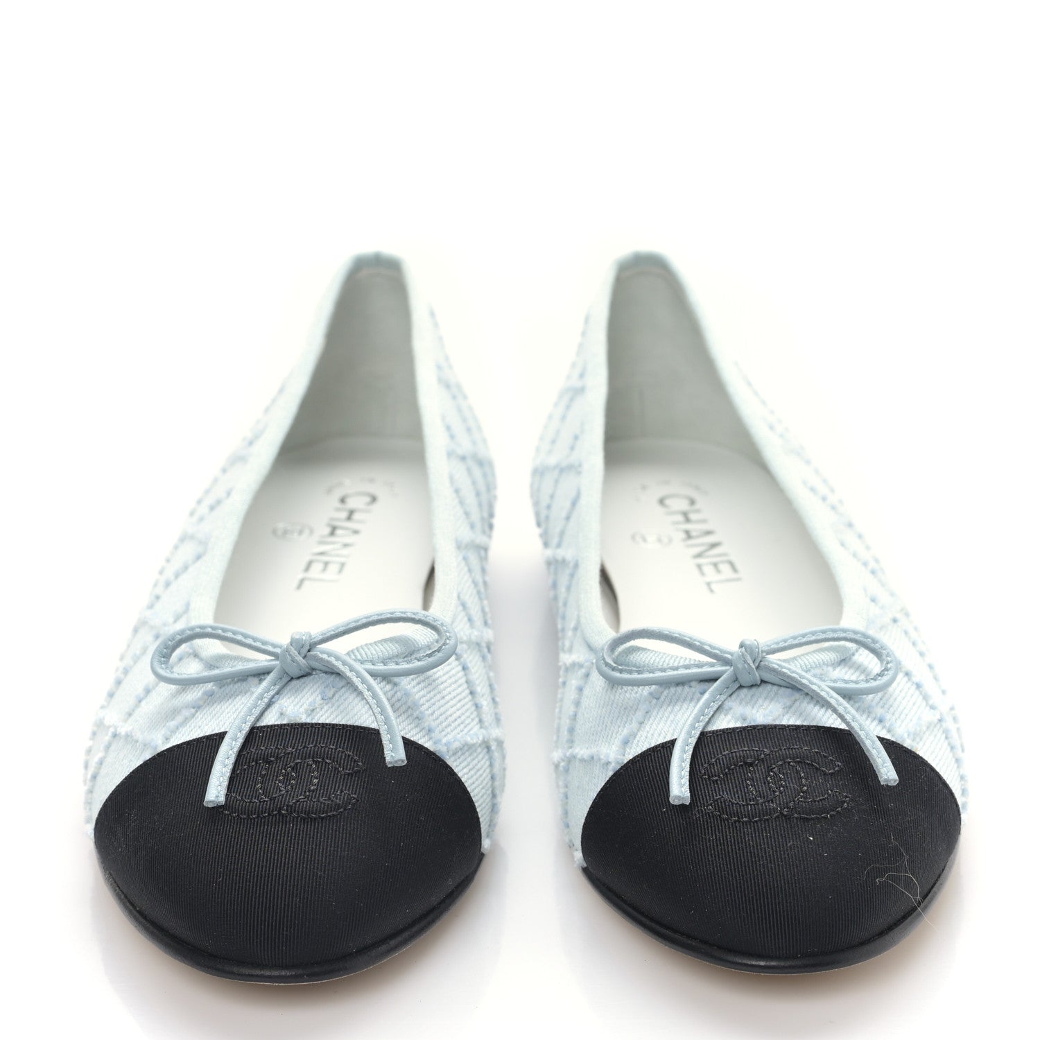 Chanel Denim Embroidered Grosgrain CC Cap Toe Ballerina Flats 38.5 Light Blue Black 2 of 9
