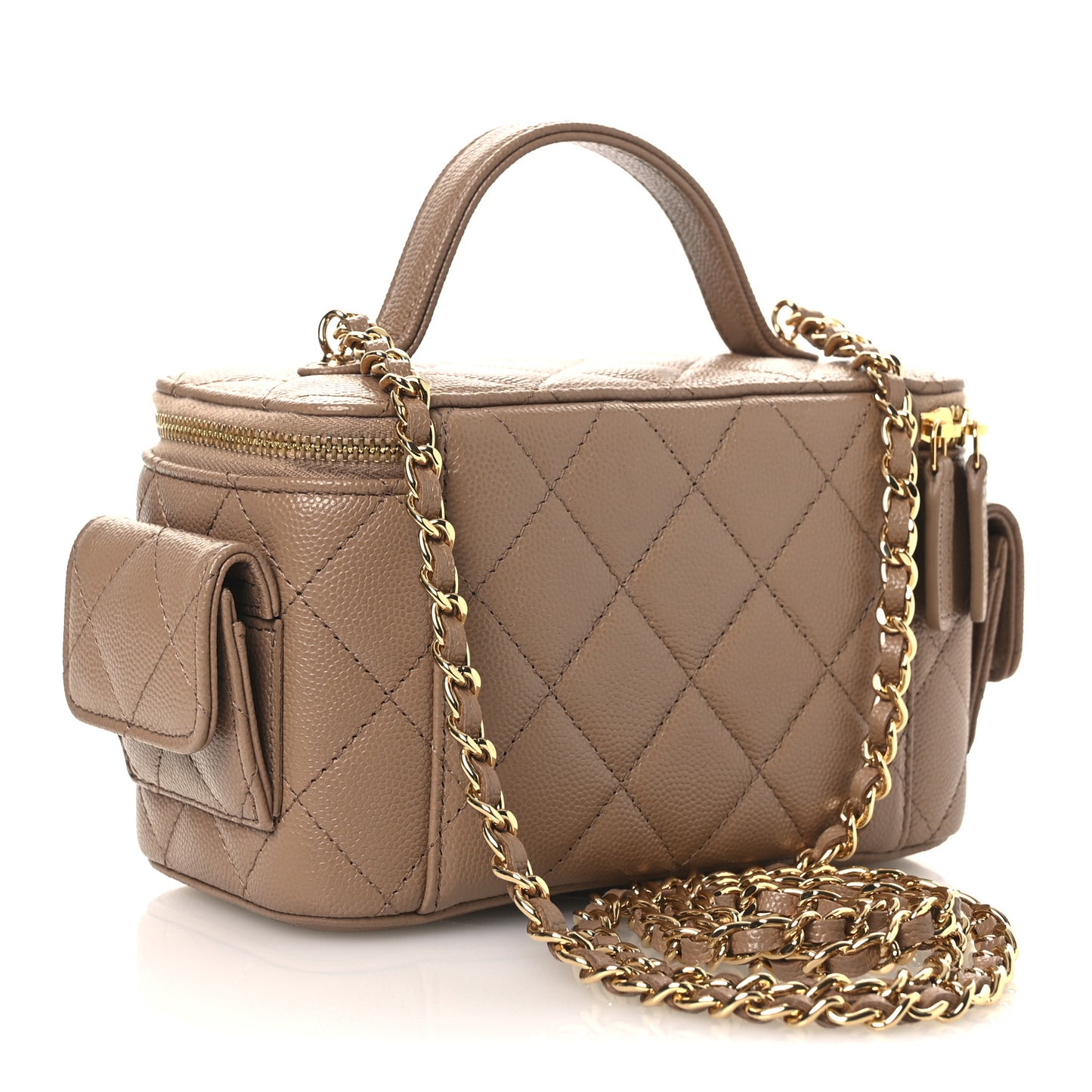 Caviar Quilted Polly Pocket East West Top Vanity With Chain Dark Beige