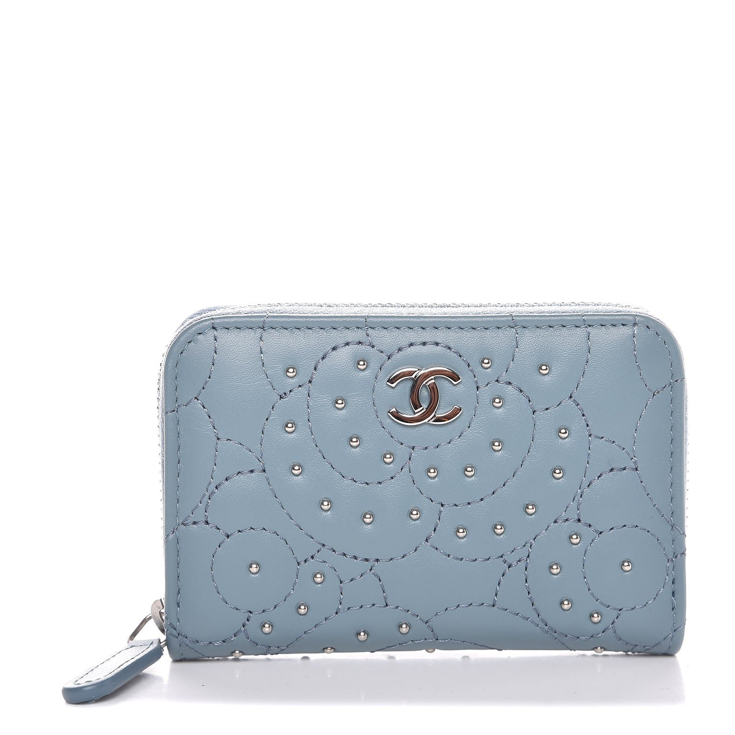 Chanel Lambskin Camellia Embossed Studded Zip Coin Purse Blue 1 of 8
