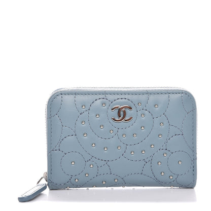 Chanel Lambskin Camellia Embossed Studded Zip Coin Purse Blue 1 of 8
