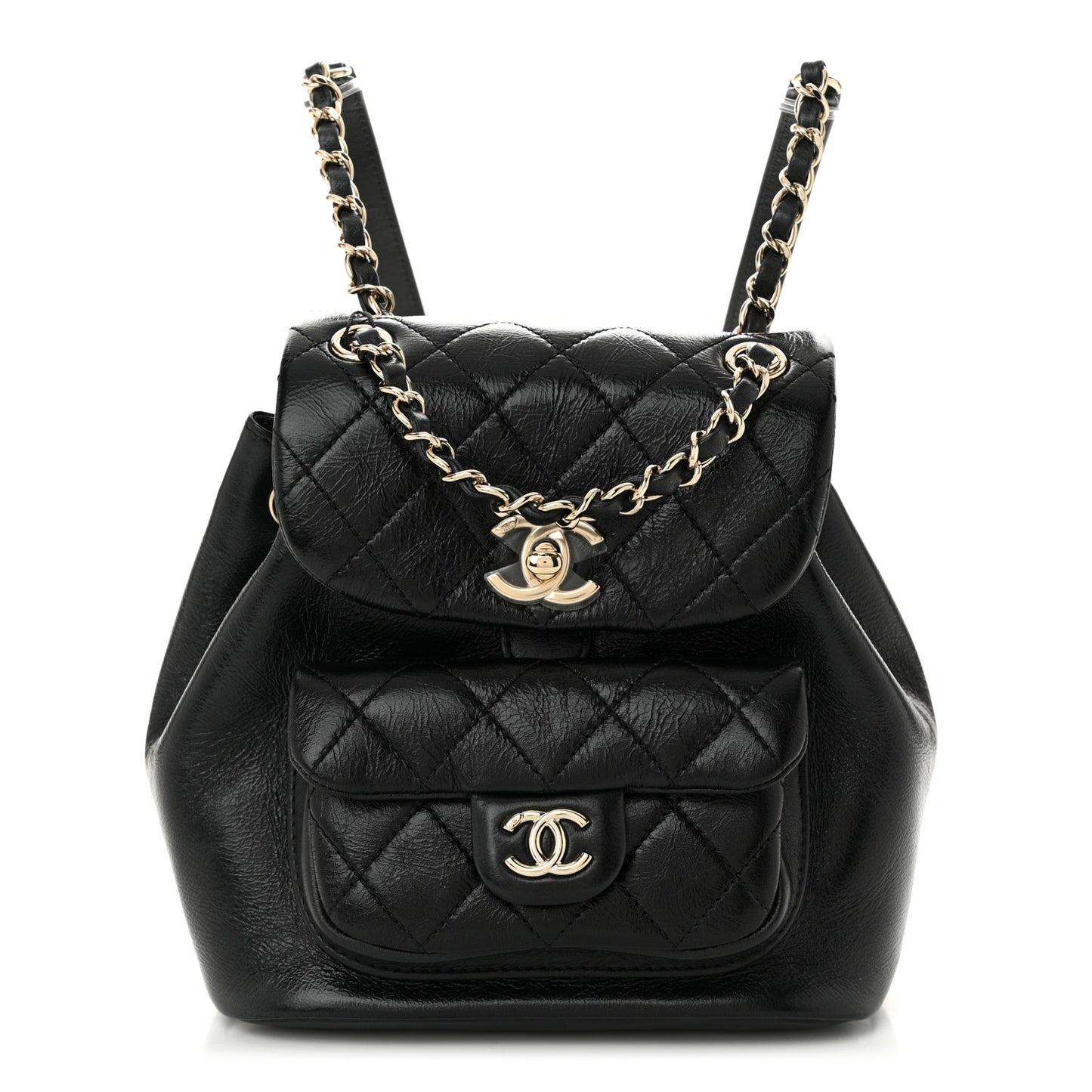 Glazed Aged Calfskin Quilted Small Duma Drawstring Backpack Black