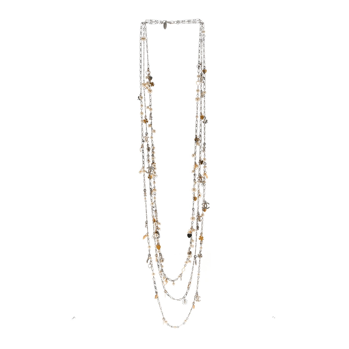 Pearl CC Charms Multi Strand Long Necklace Gold Silver