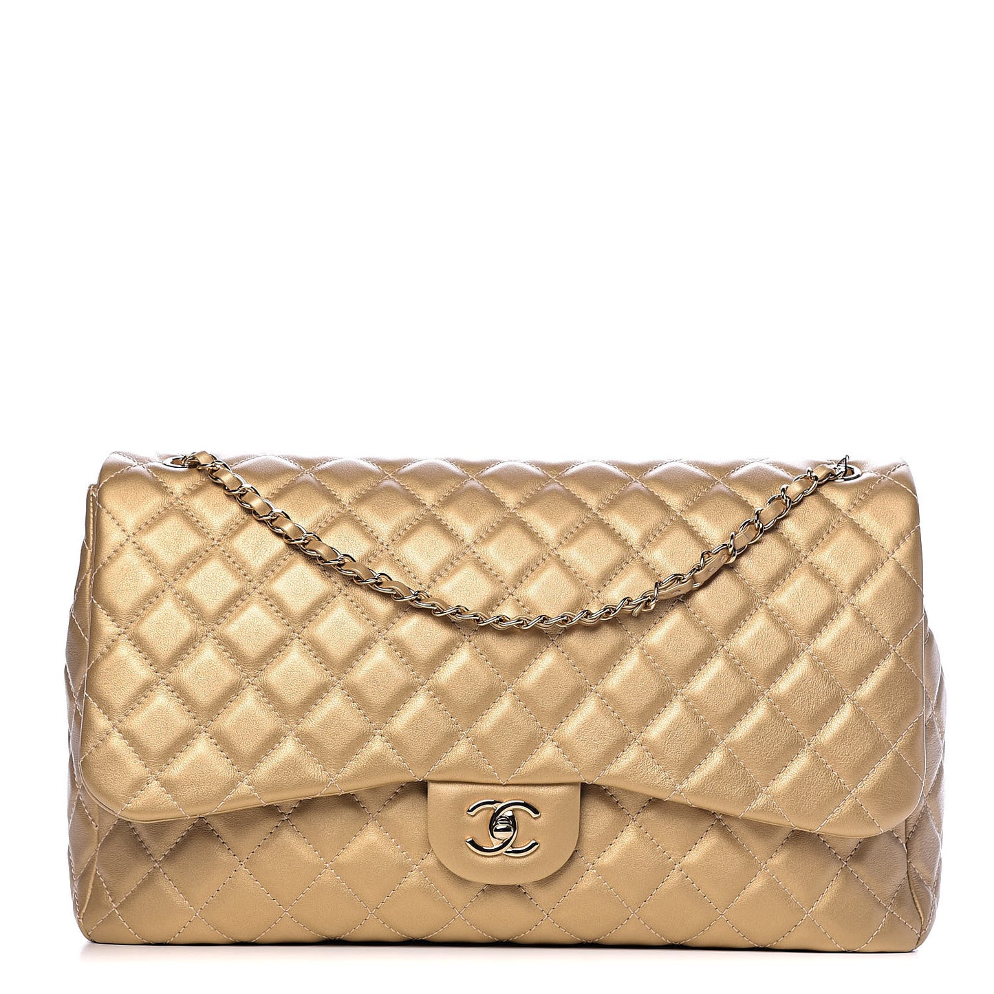 Metallic Calfskin Quilted Small XXL Travel Flap Bag Gold