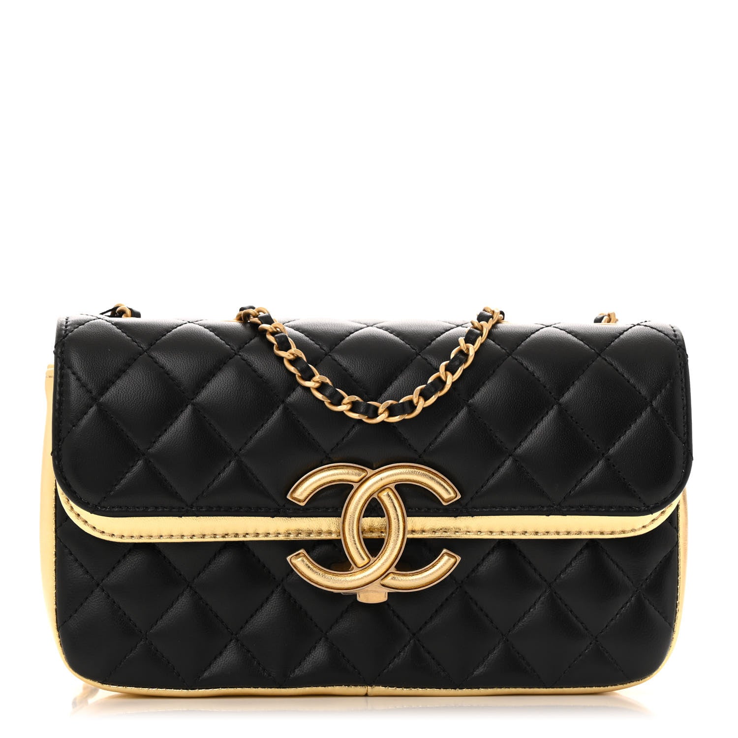 Chanel Lambskin Metallic Quilted Small CC Chic Double Flap Black Gold 1 of 13