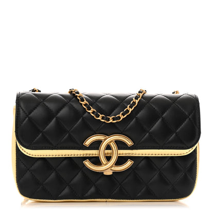 Chanel Lambskin Metallic Quilted Small CC Chic Double Flap Black Gold 1 of 13