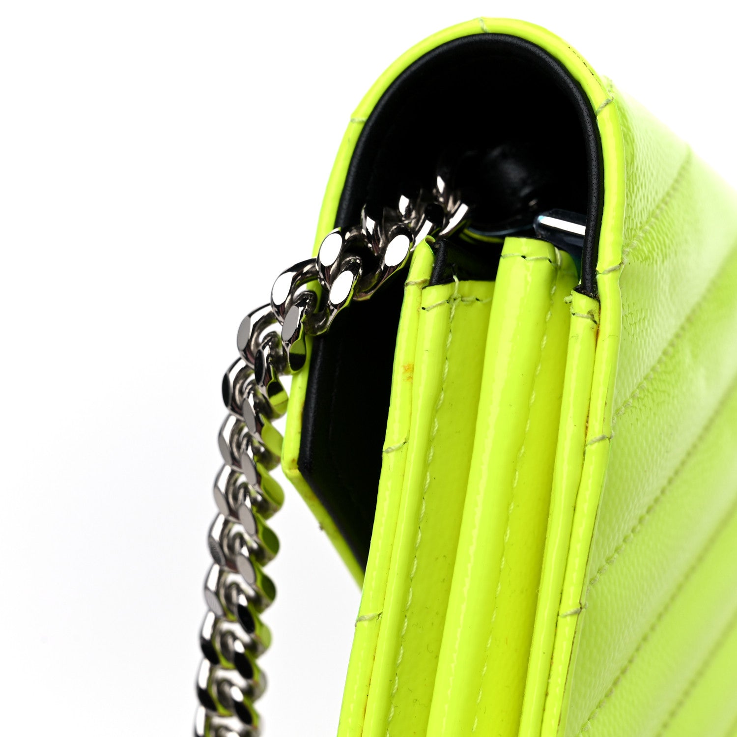 Saint Laurent Patent Grain De Poudre Matelasse Chevron Monogram Chain Wallet Neon Yellow 15 of 15