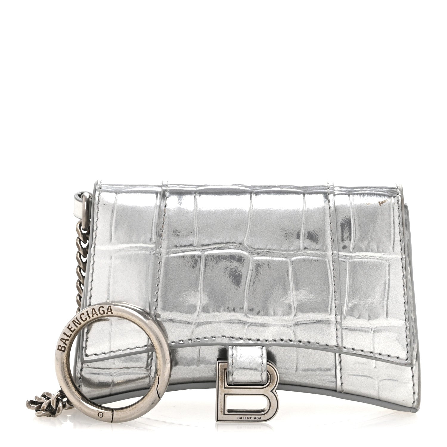 Balenciaga Metallic Calfskin Crocodile Embossed Hourglass Chain Cardholder Silver 1 of 10