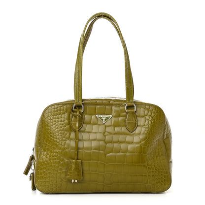 Prada Calfskin Embossed Crocodile Bauletto Bag Green 1 of 22