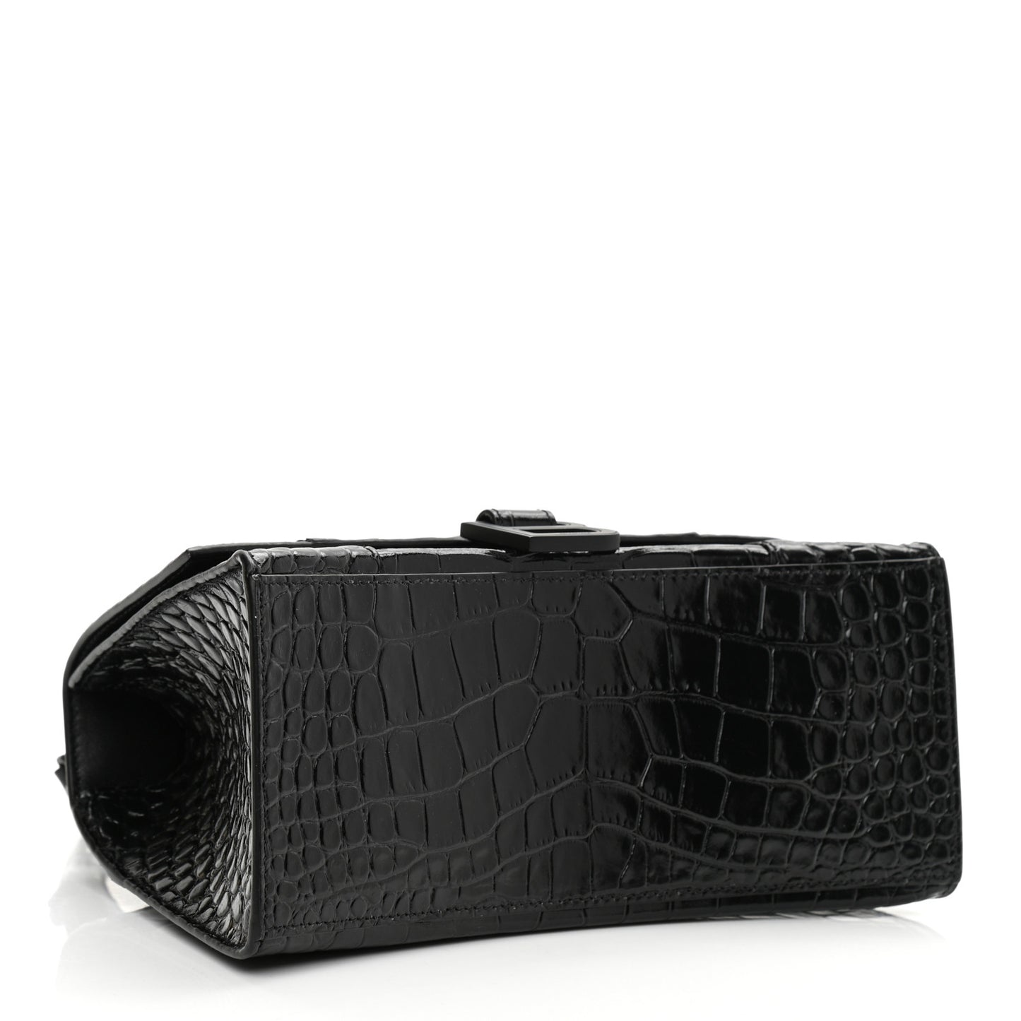Shiny Calfskin Monochrome Crocodile Embossed Small Hourglass Top Handle Bag Black