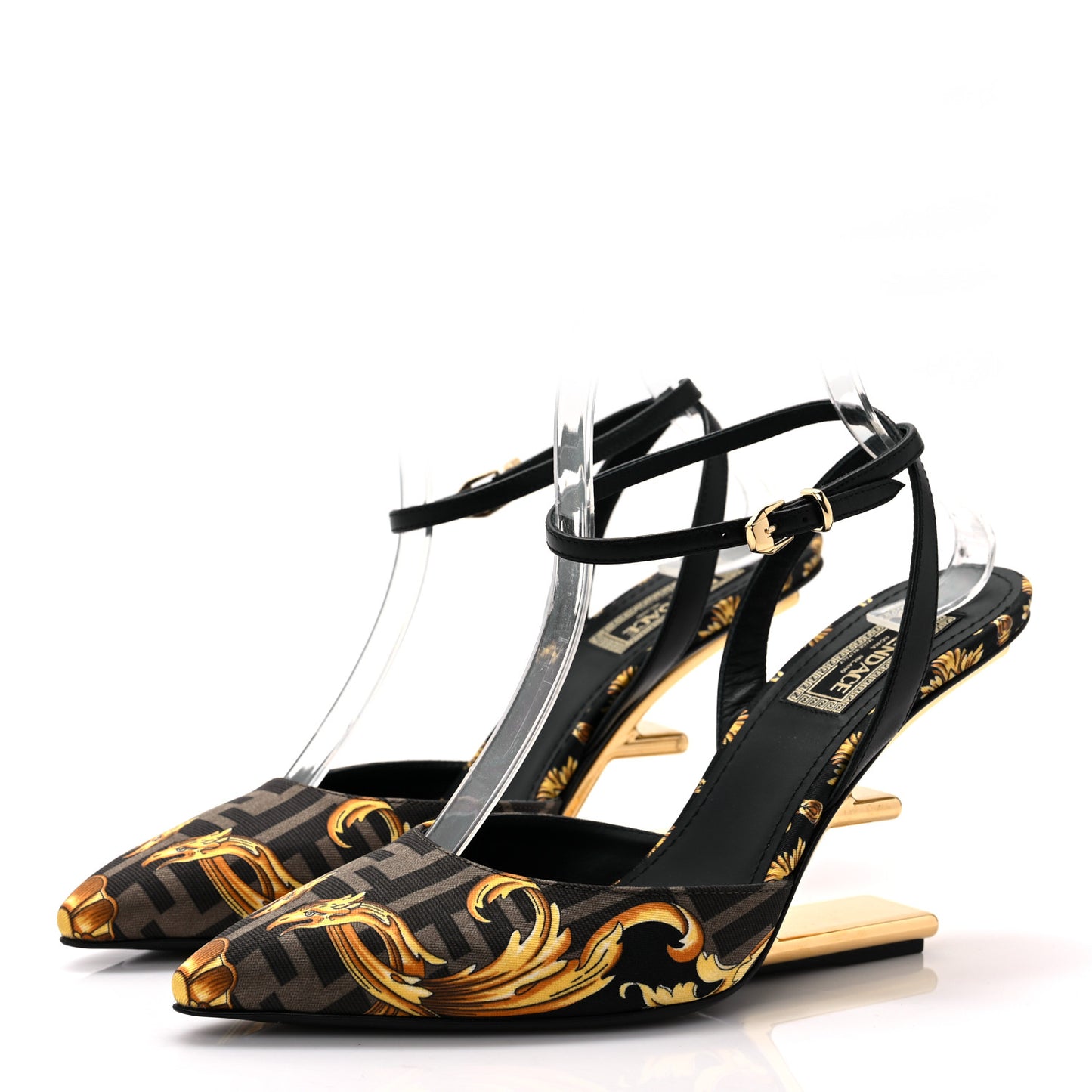 X VERSACE Silk Calfskin Fendace Fendi First 95mm Slingback Sandals 37 Tobacco Black Gold