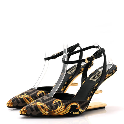 Fendi X VERSACE Silk Calfskin Fendace Fendi First 95mm Slingback Sandals 37 Tobacco Black Gold 3 of 7