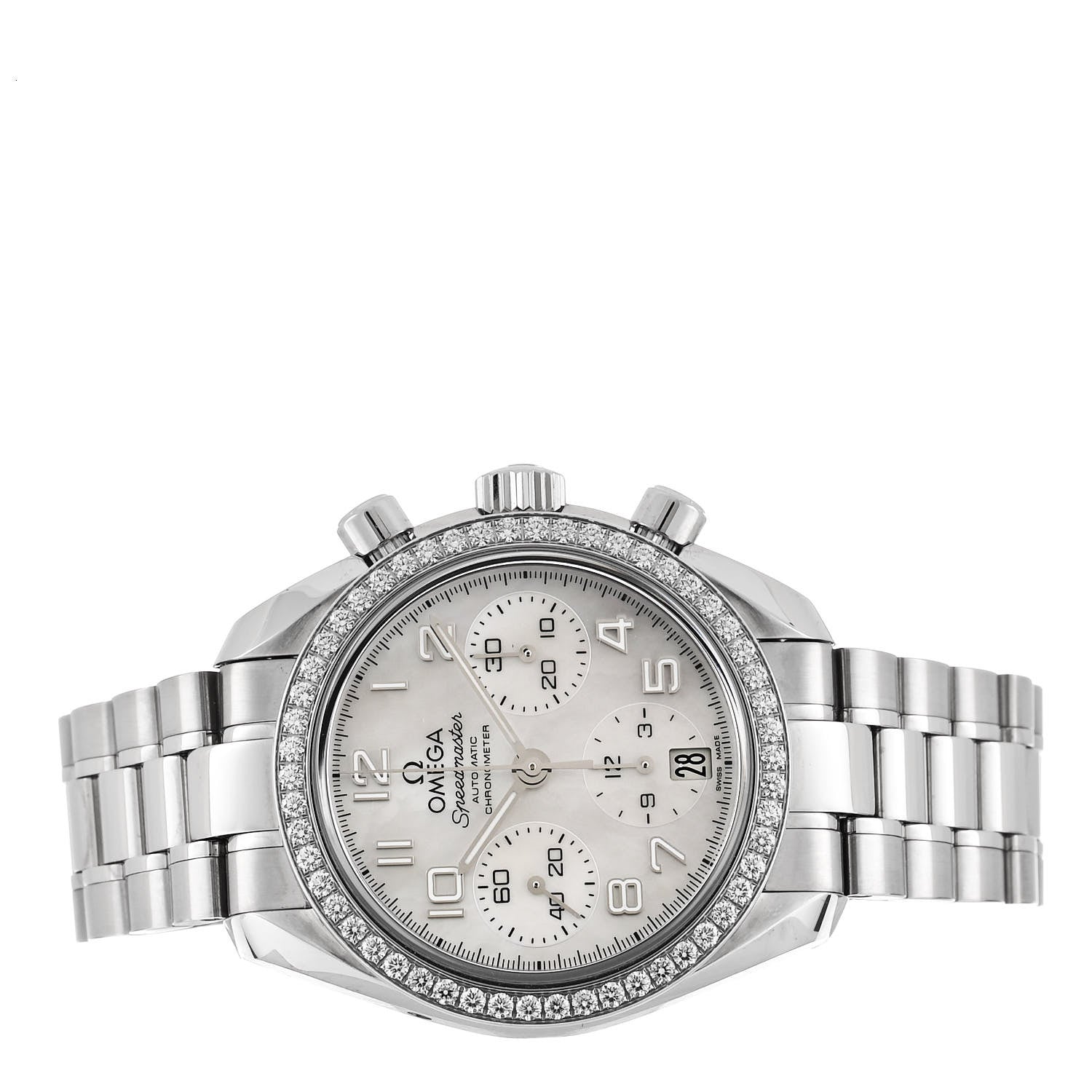 Omega Stainless Steel Diamond Bezel Mother of Pearl 38mm Speedmaster Chronograph Automatic Watch 324.15.38.40.05.001 2 of 5