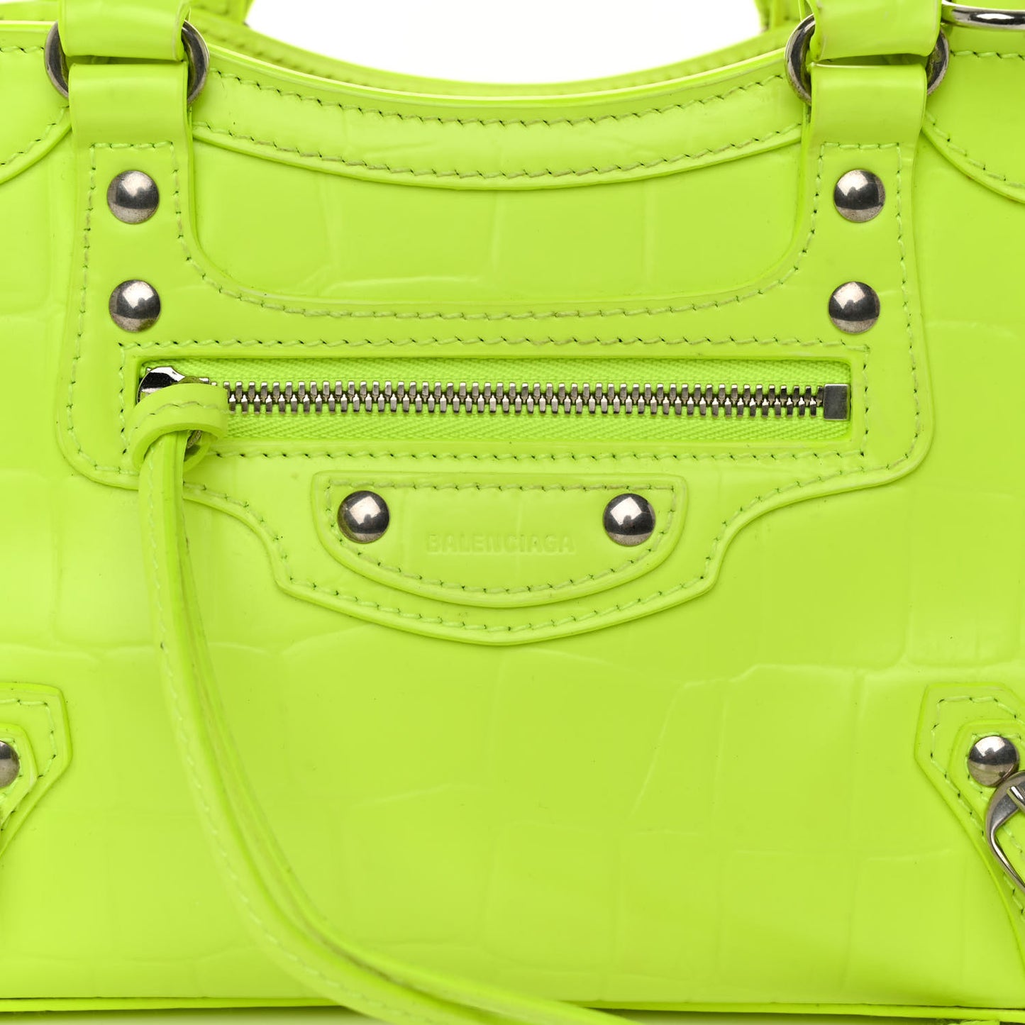 Semi Shiny Calfskin Crocodile Embossed Neo Classic Silver Hardware Mini City Fluo Yellow