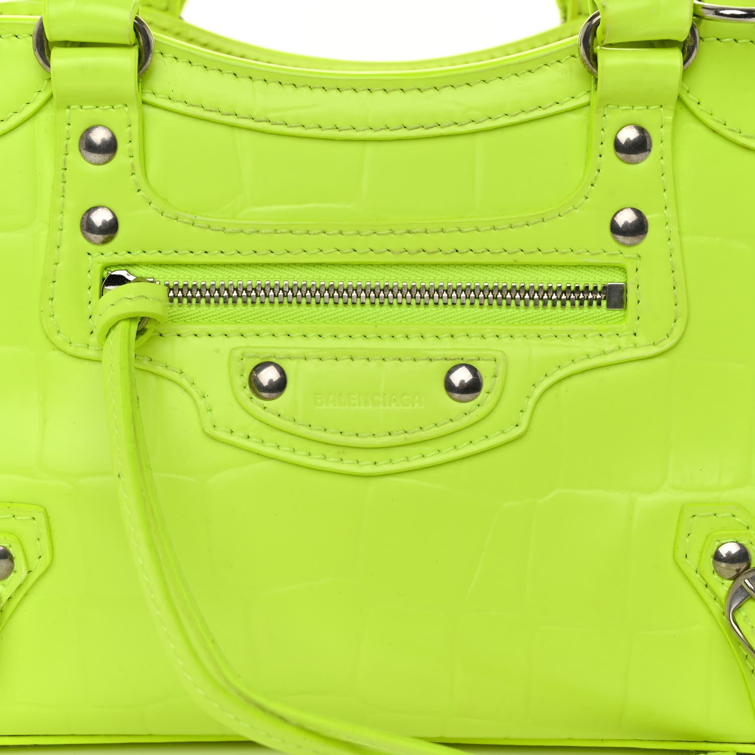 Balenciaga Semi Shiny Calfskin Crocodile Embossed Neo Classic Silver Hardware Mini City Fluo Yellow 7 of 10