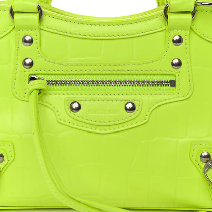 Balenciaga Semi Shiny Calfskin Crocodile Embossed Neo Classic Silver Hardware Mini City Fluo Yellow 7 of 10