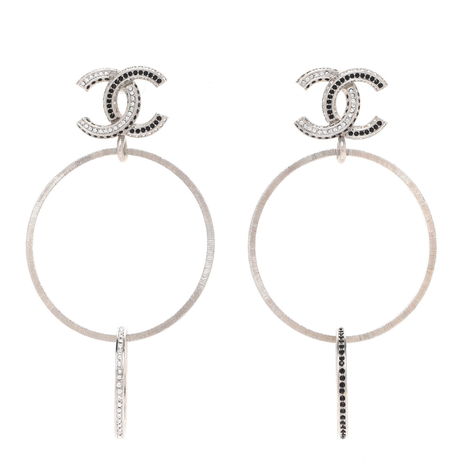 Chanel Crystal CC Hoop Earrings Silver Black 1 of 4