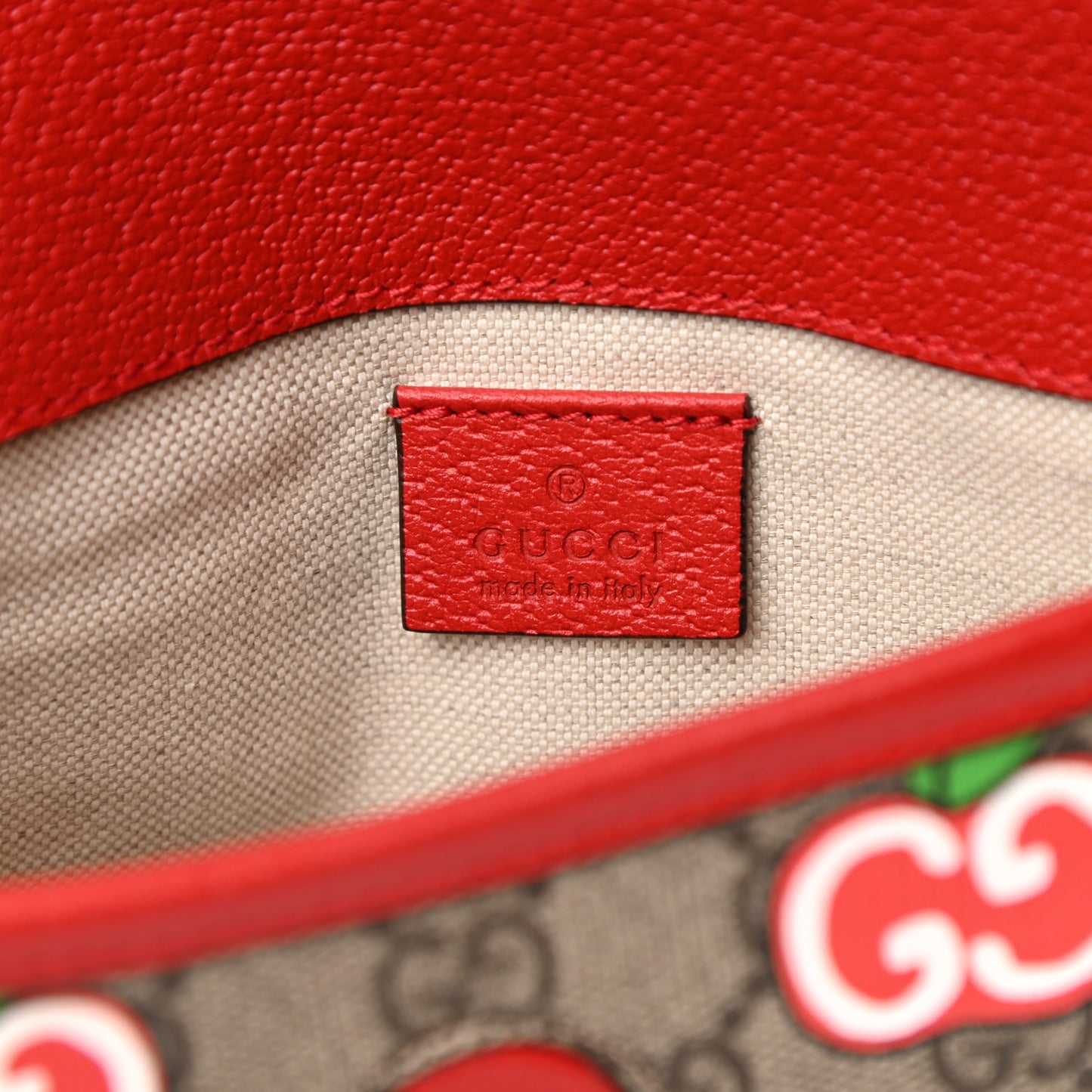 GG Supreme Monogram Apple Interlocking G Belt Bag Beige Multicolor Lobster Red