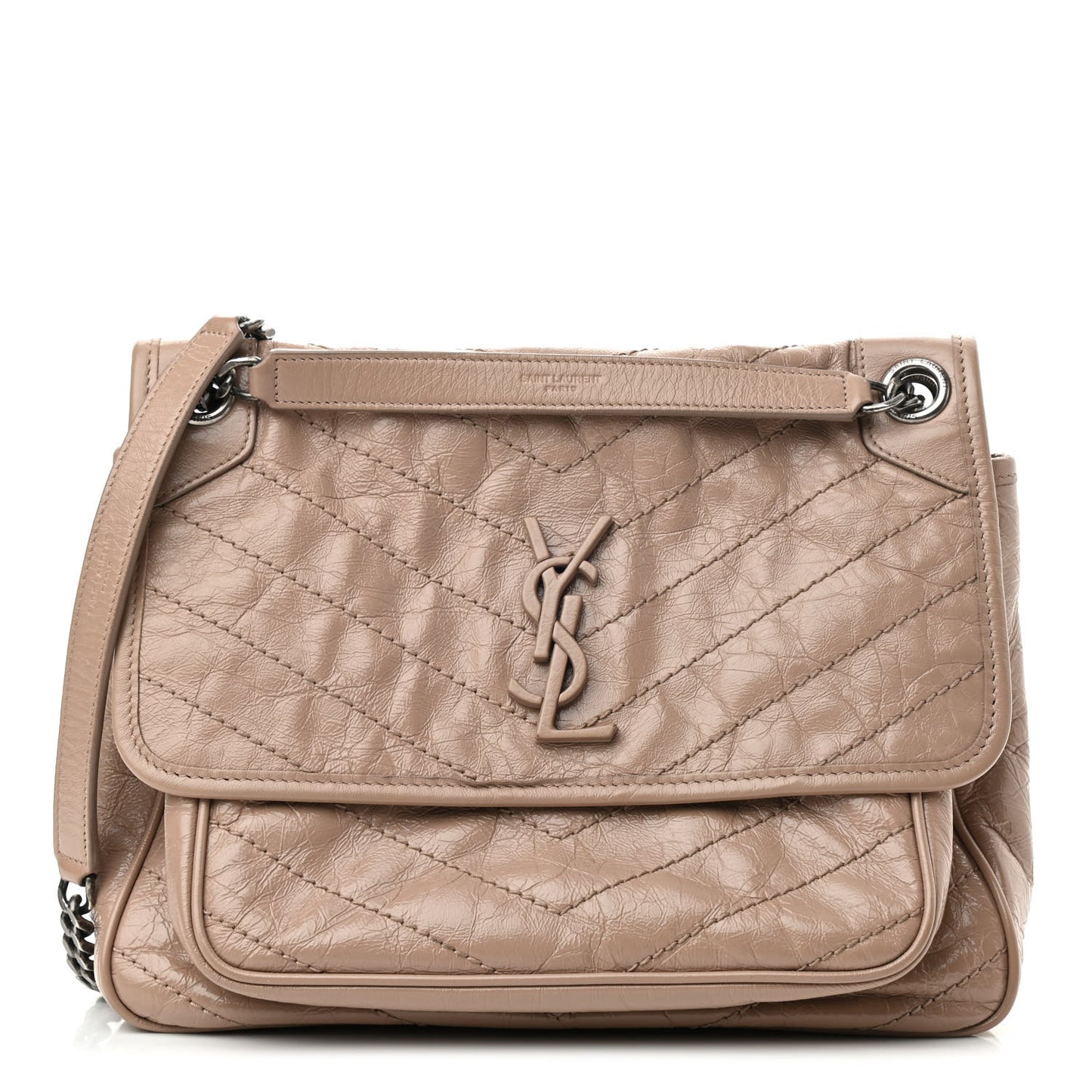 Crinkled Calfskin Matelasse Monogram Medium Niki Chain Satchel Gold Sand