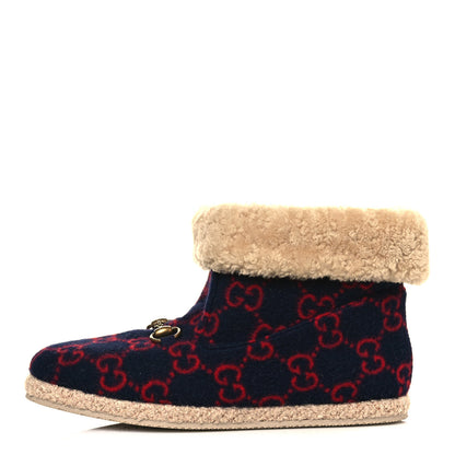 Gucci Covered Wool GG Monogram Womens Fria Horsebit Ankle Boots 40.5 Blue Red Butterscotch 1 of 8