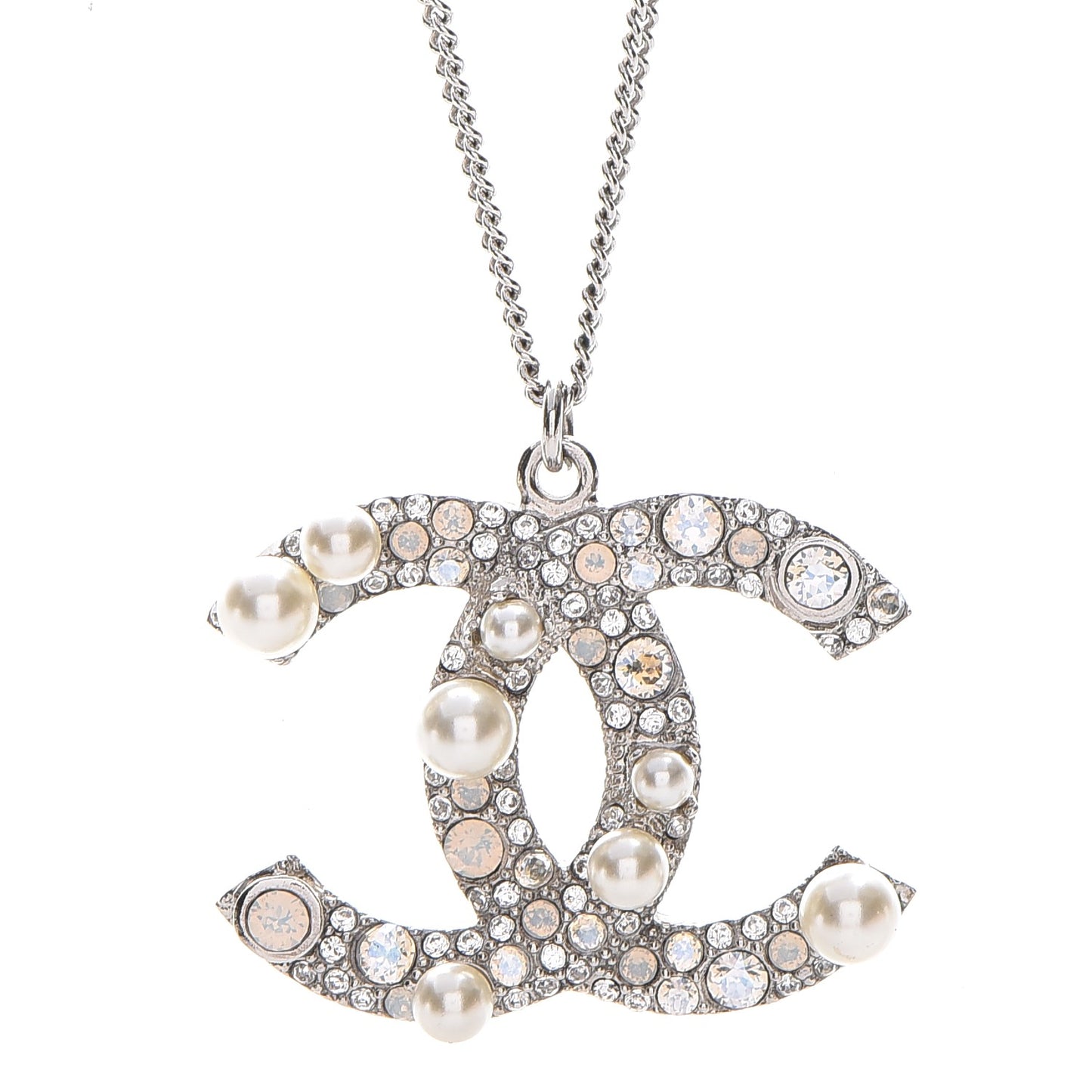 Crystal Pearl CC Pendant Necklace Silver