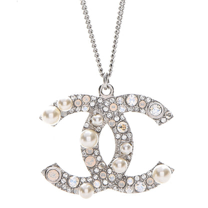 Chanel Crystal Pearl CC Pendant Necklace Silver 3 of 5
