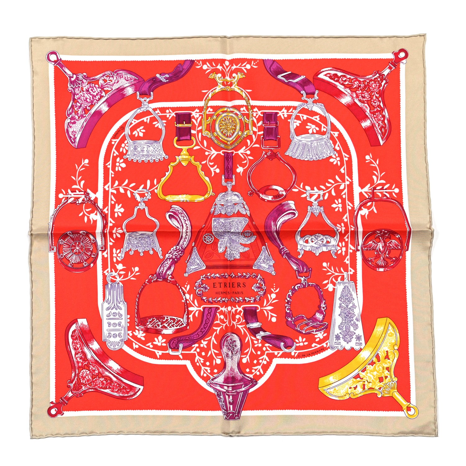 Hermes Silk Etriers Remix Pocket Square Sable Rouge Violet 1 of 5