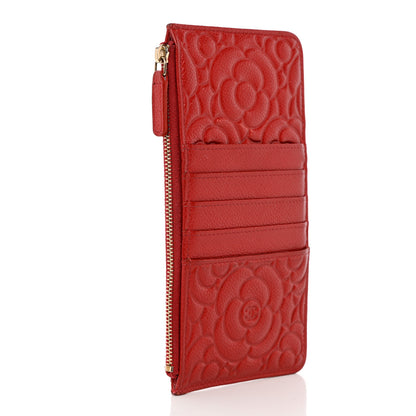 Chanel Caviar Camellia Embossed Classic Flat Wallet Pouch Red 3 of 15