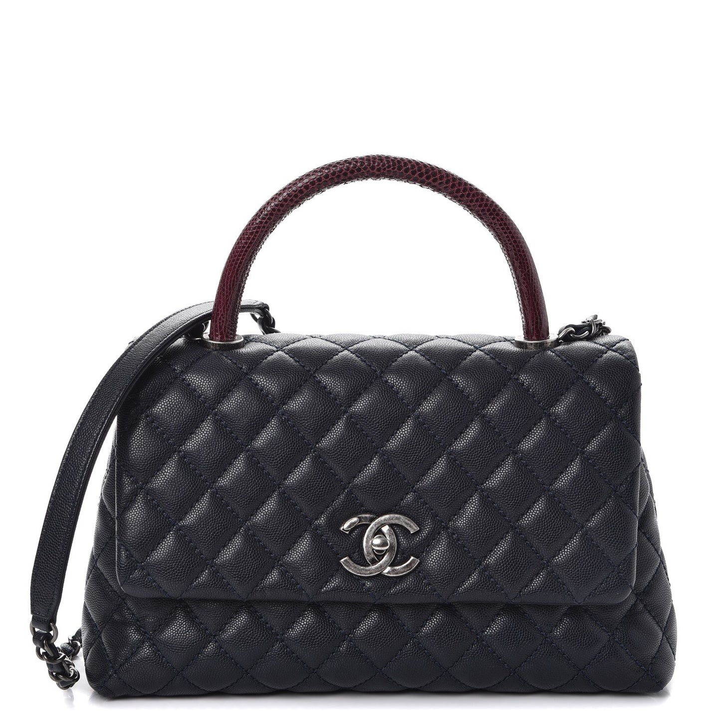 Caviar Lizard Quilted Small Coco Handle Flap Navy