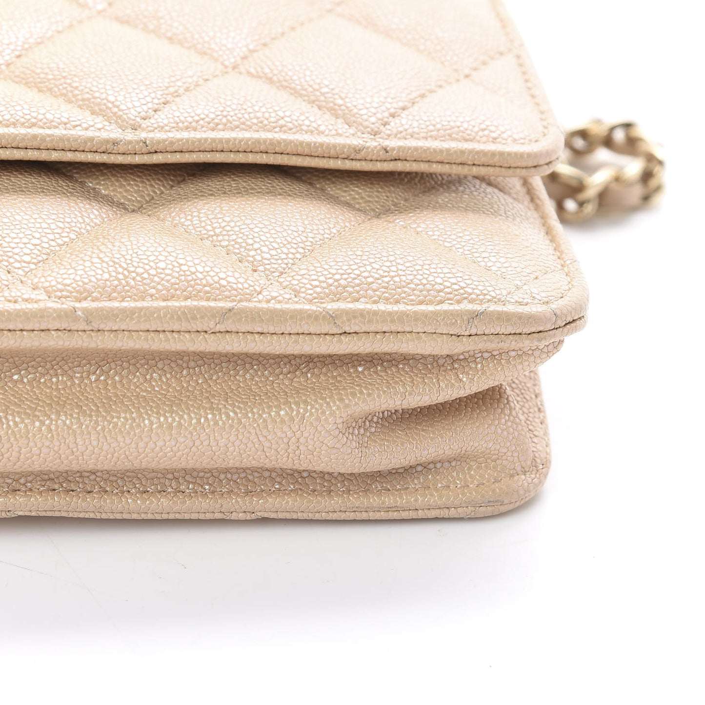 Iridescent Caviar Quilted Wallet On Chain WOC Beige