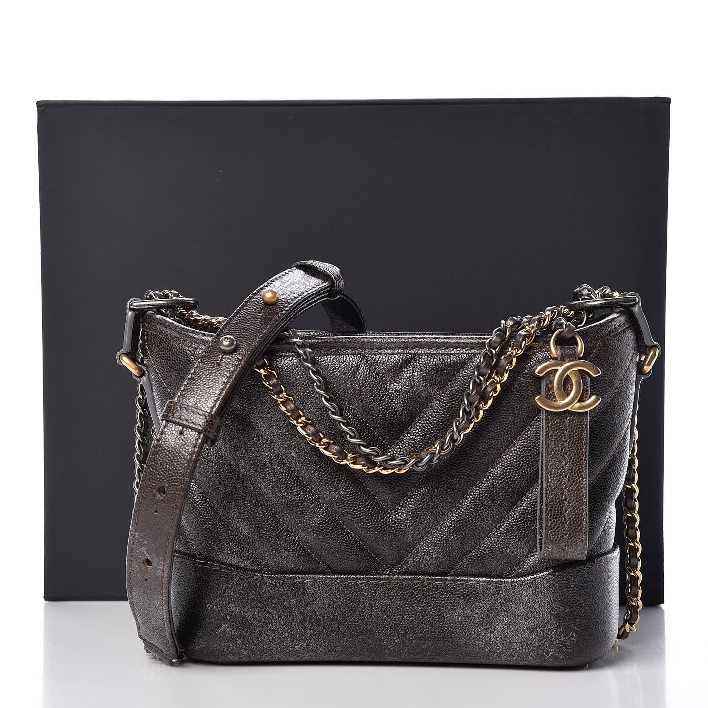 Metallic Grained Goatskin Chevron Quilted Small Gabrielle Hobo Dark Silver Gold