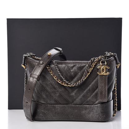 Chanel Metallic Grained Goatskin Chevron Quilted Small Gabrielle Hobo Dark Silver Gold 10 of 10