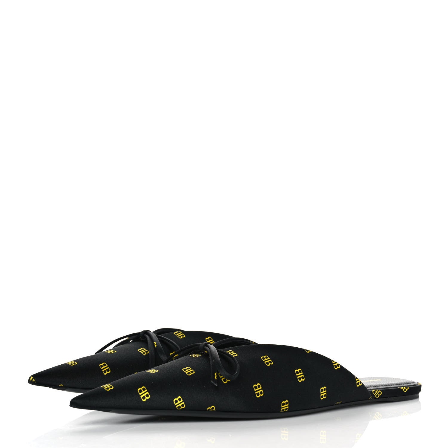 Balenciaga Crepe Satin BB Printed Pointy Toe Knife Flat Mules 37.5 Black Yellow Fluo 3 of 10