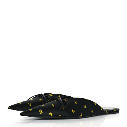 Balenciaga Crepe Satin BB Printed Pointy Toe Knife Flat Mules 37.5 Black Yellow Fluo 3 of 10