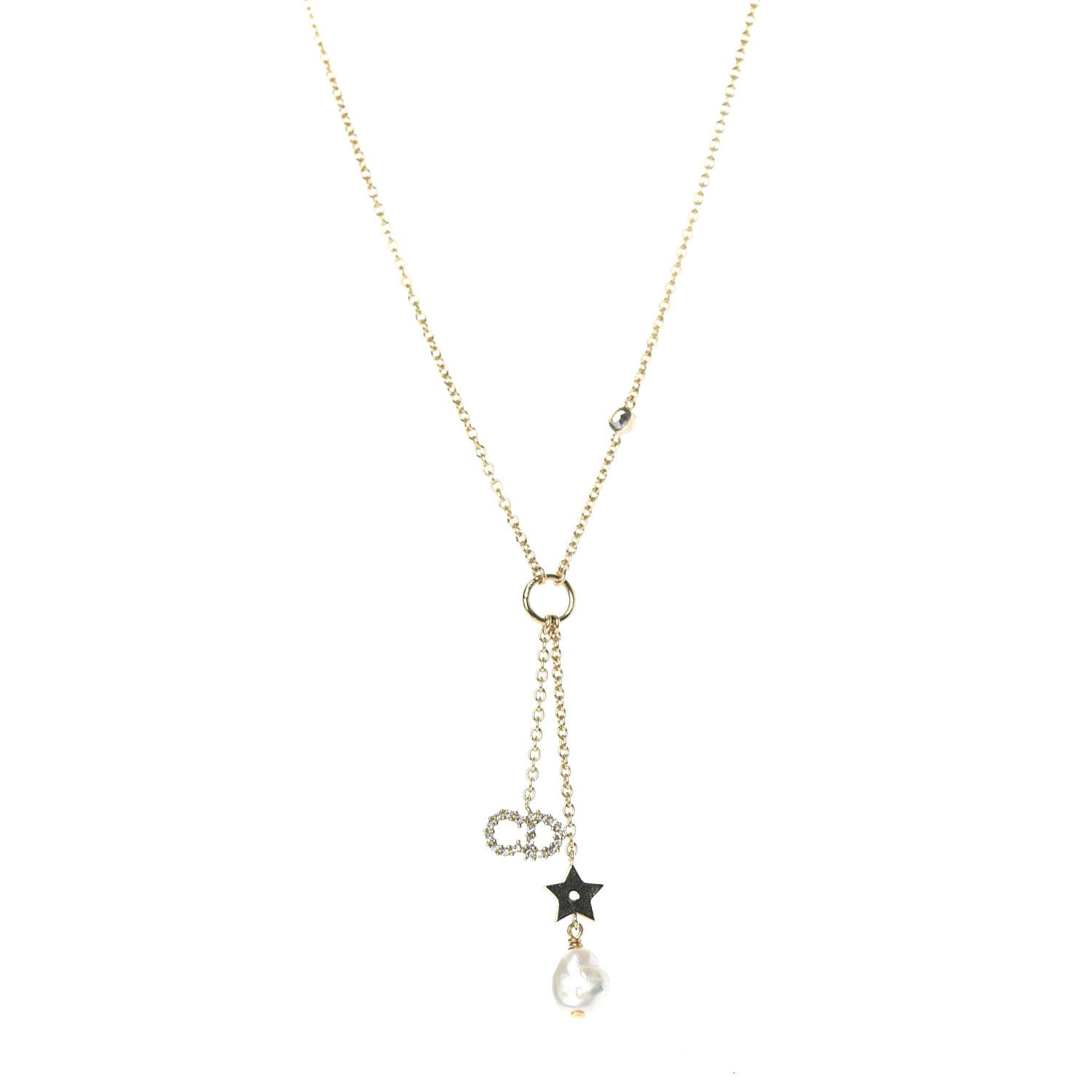 Christian Dior Crystal Pearl CD Shiny-D Tribal Long Necklace Gold 1 of 5